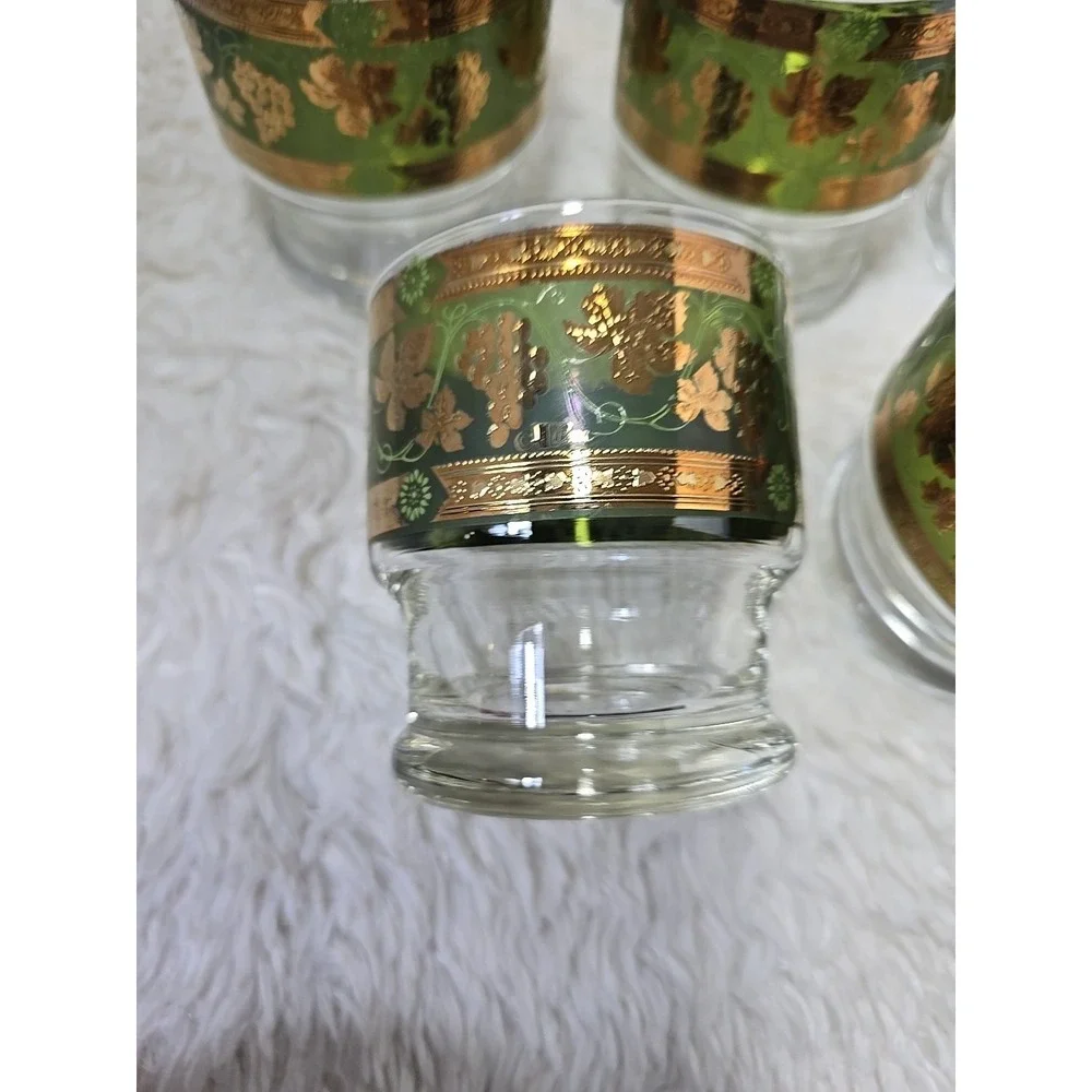 8 Cera Golden‎ Grapes Double Old Fashioned Footed Tumbler Glasses MCM Green Gold
